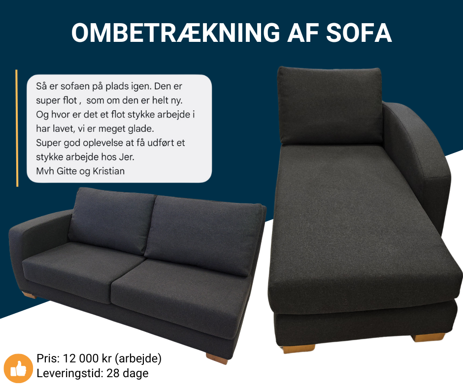 Ombetrækning af sofa med nyt stof og renovering af pudernes indhold